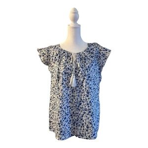 Land N Sea Blue White Floral Tassel Blouse Cotton Boho Peasant Top Small